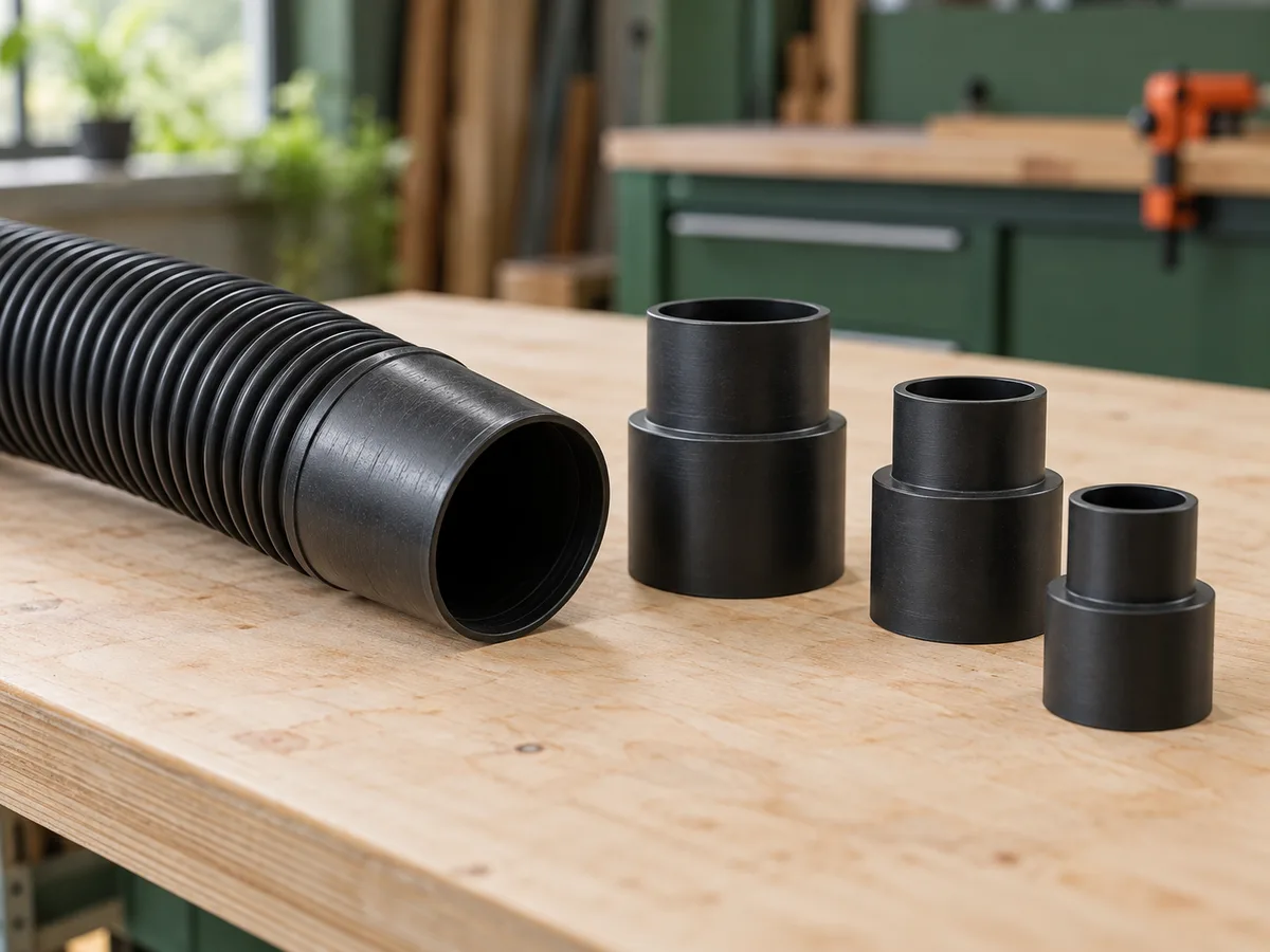 Illustration of a corrugated extraction hose cuff and three separate stepped adapters on a birch workbench.