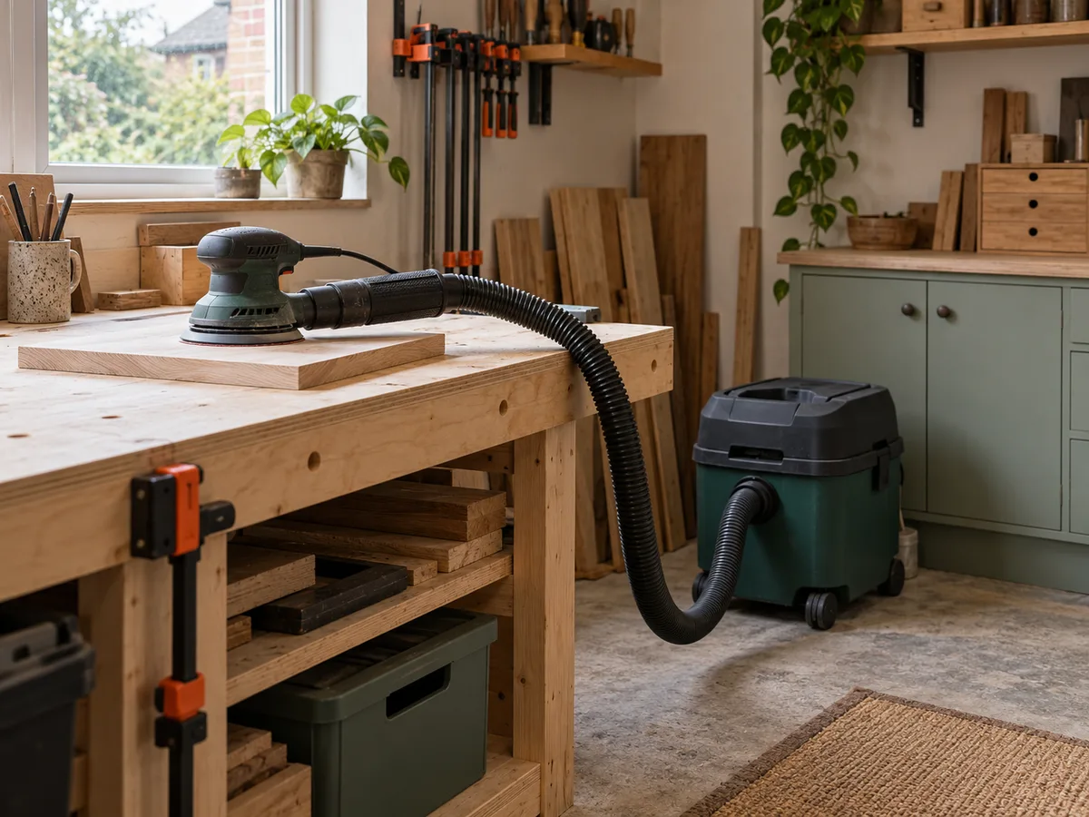 Illustration of a sander connected by an extraction hose to a compact extractor beside a timber workbench.